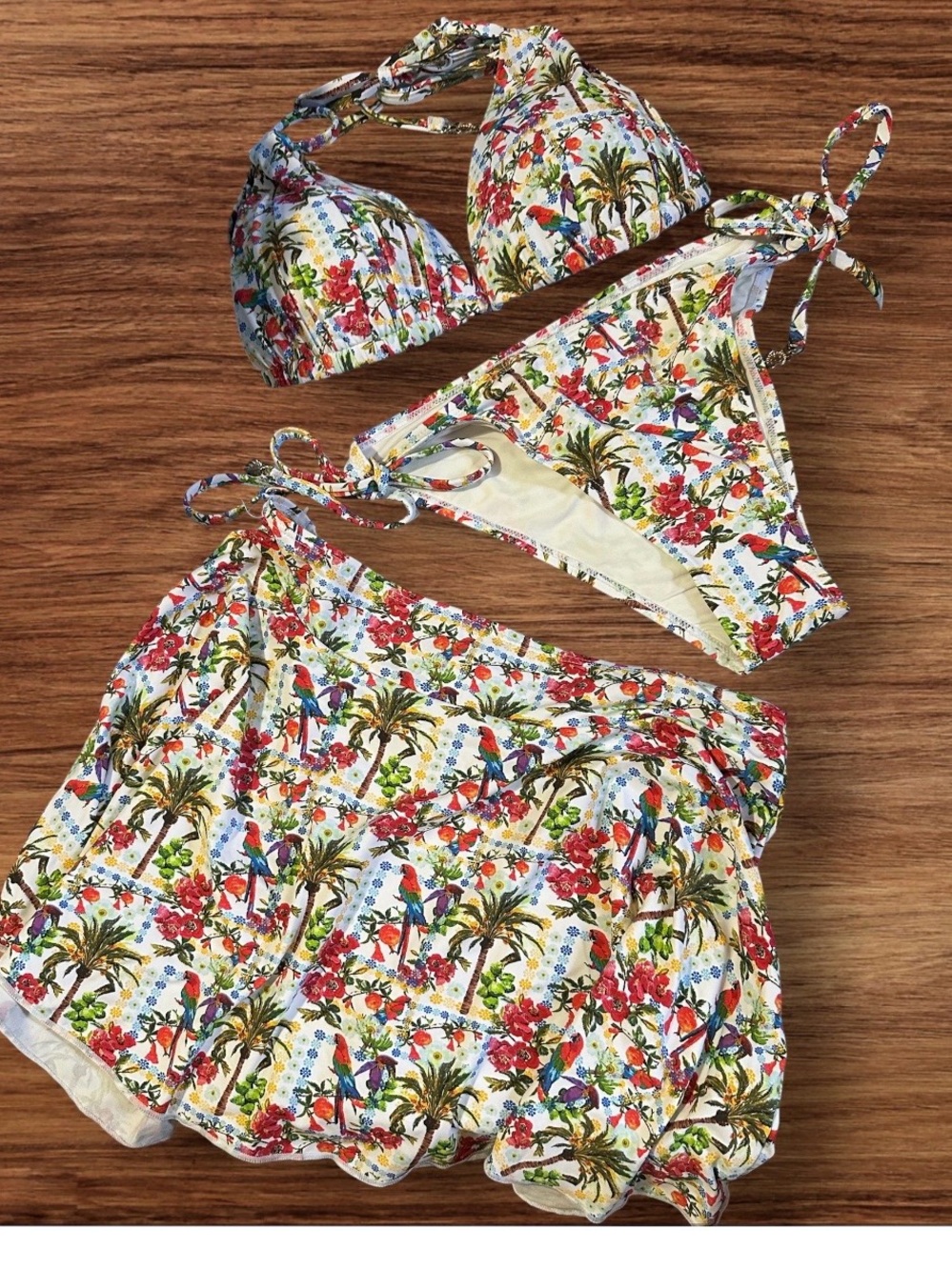 New Catherine Malandrino White Multicolor Tropical Print Bikini Set with Skirt